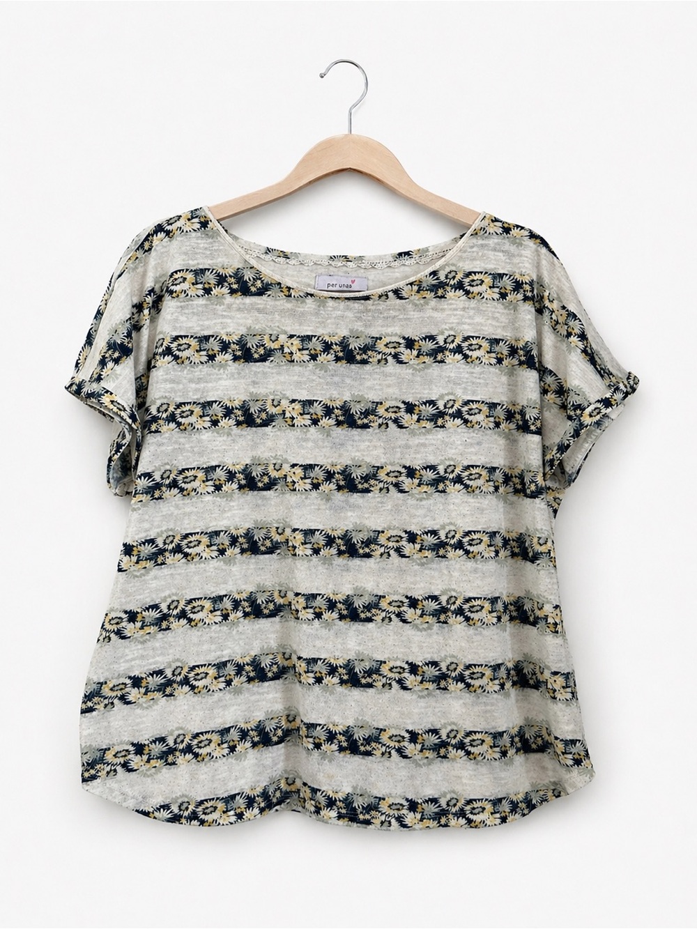 Per Una Weekend Floral Stripe Top Cream Navy Boho Casual Tee Linen Blend